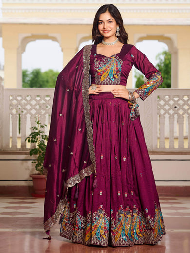 Attractive Wine Thread Embroidered Silk Lehenga Choli With Dupatta